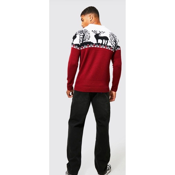 BoohooMAN Men's Reindeer Christmas Sweater Red White Black Size M - Picture 3 of 11